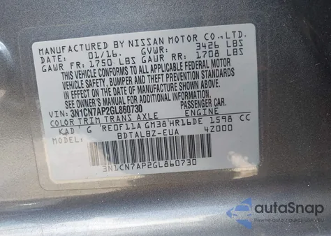 2016 Nissan Versa 1.6 S/1.6 S+/1.6 Sl/1.6 Sv from USA, damaged, VIN 3N1CN7AP2GL860730